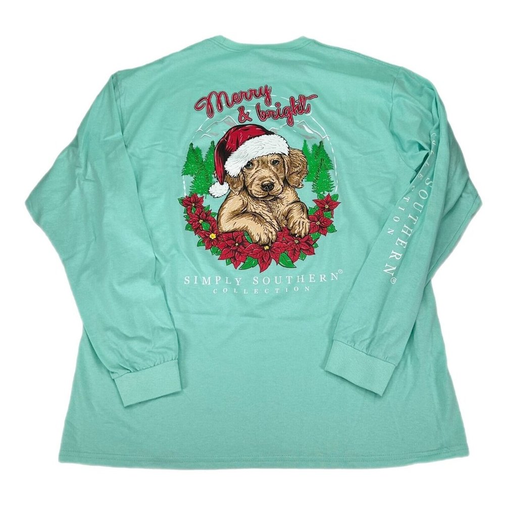 Simply Southern T-Shirt Womens Large, XL, XXL Mint Green Christmas Golden Lab